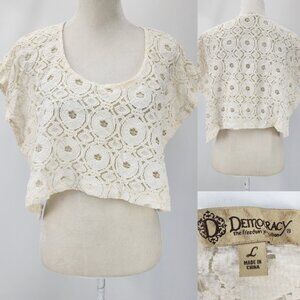 Democracy Womens Large Open Sides Over Head Boho Crochet Lace Poncho Crop Top